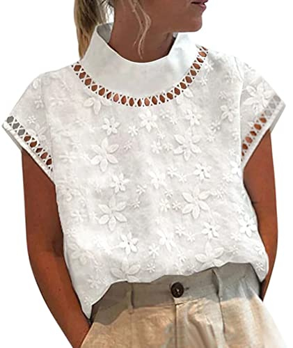 Onsoyours Donna Camicetta in Lino Cotone Estive Camicie Maniche Corte con Bottoni Tunica Solidi con Risvolto Blouse Canotta Elegante Blusa Top Camicie Z1 Bianco XL