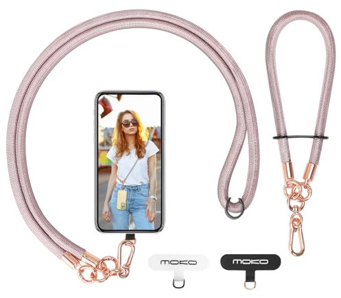 MoKo Cordino per Telefono, Cordino Regolabile per Cellulare, Cordino Universale a Tracolla e Cinturino da Polso, Cordino a Tracolla x 1, Cordino da Polso x 1, Toppa per Cordino x 2, Oro Rosa