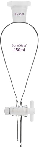 BorinGlass Embudo de separación cónica de 250 ml con 24/29 juntas y grifos de PTFE, embudo de vidrio de borosilicato con diseño de paredes gruesas