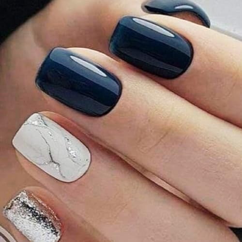 MrCuvaryas French Press On Nails Kurz Nagelsticker Marmor Französischer Nägel Zum Aufkleben, Elegantes Design Nail Art, Glossy Kunstnägel Selbstklebende Nail tips für Frauen und Mädchen, 24 Stück