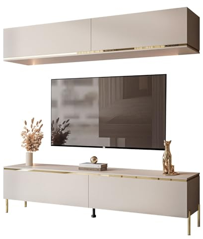 lukmebel - Wohnwand für Wohnzimmer Möbel mit Hängeschrank - TV-Schrank - TV-Board Fernseh-Schrank Fernsehtisch TV-Kommode mit Beinen in Gold - Kaschmir Matt- Aurora II 180 cm