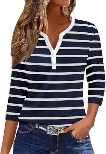 YUTILA Maglietta da donna a righe maniche a 3/4, scollo a V, in cotone, a maniche lunghe, basic casual, Streetwear Henley, blu scuro e bianco., S