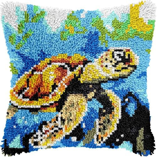 Taxpy Knüpfkissen Set mit Knüpfhaken und Toolkit zum Selber Knüpfen Kissens, DIY Kissen Dekokissen, 43x43cm（Meeresschildkröten
