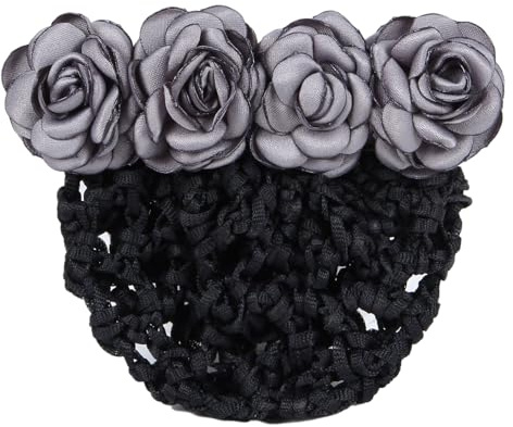Blausky Haarnetz Dutt mit 4 Stück Rosen,Seidenblume Hair Net Ballet Bun Net,Französische Haarspange Haarschmuck Net Haarspange zum Frisur fixieren,für Dance Tänzer Nurse Flugbegleiterin,Grau A