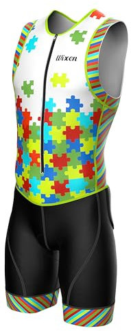 Wixen Triathlon-Anzug für Herren, atmungsaktiver und gepolsterter Tri-Anzug zum Schwimmen, Radfahren und Laufen, Renntags-Ausrüstung für Triathleten, Puzzles, L