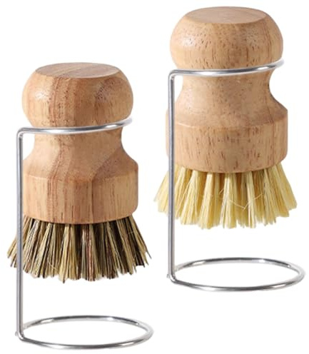 2 Piezas Cepillos de Plato de bambú de bambú Disparo con 2 bastidores de Drenaje Cepillo para lavavajillas de Madera para Lavar Platos sartenes y Fregadero