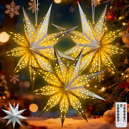 3Pcs Papierstern Lampenschirm,50cm LED Papiersterne Zum Aufhängen mit Fernbedienung und Timer,Papierstern mit Beleuchtung 8 Leuchtmodi,Papierstern Beleuchtet zum Aufhängen,Weihnachtsstern Beleuchtet