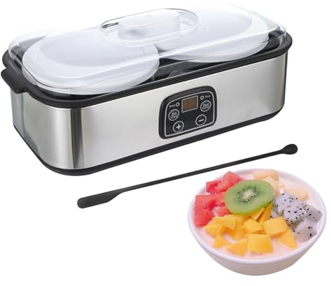 ACESOME Digital Yoghurt Maker, 2000ML Stainless Steel Electric Yogurt Maker with 2 ×940ml Glass Jars & 1×Spoon, Adjustable Temperature & Timer Yogurt Maker for Healthy, Natural Yogurt Breakfast
