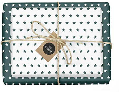 dabelino® 4x zweifarbiges Geschenkpapier Weihnachten: Sterne grün-weiß + 4x Anhänger (doppelseitige Bögen DIN A2, Öko-Recycling-Papier)
