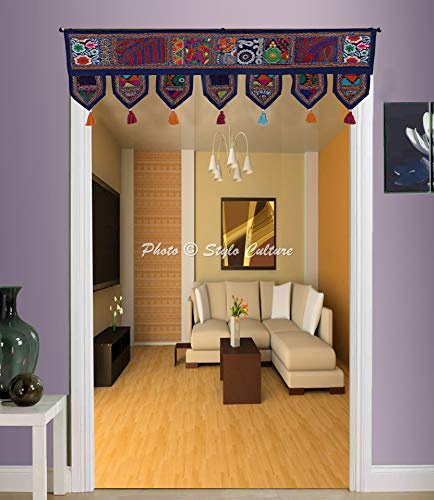 Stylo Culture Ethnische Baumwolle Fenster Volant Für Schlafzimmer Navy Vintage Gestickte Patchwork Quasten Floral Schal Vorhang Wandteppich Wohnzimmer Beute Vorhang Tür Hängen Toran | 38 x 14 Zoll