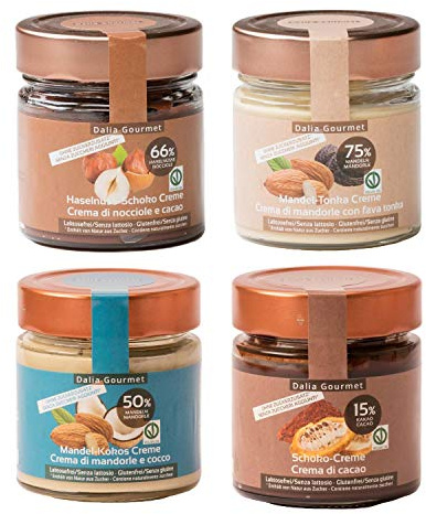 Dalia - Crema spalmabile |Senza aggiunta di zuccheri con ERITRITOLO – STEVIA | Senza Lattosio |Prodotto artigianale italiano|4 pezzi da 200 g|Nocciole - Cacao, Fondente, Mandorle-Tonka, Mandorle-Cocco