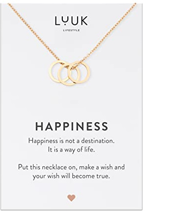 LUUK LIFESTYLE Halskette aus Edelstahl mit Anhänger und HAPPINESS Spruchkarte, Freundschaftskette, Geschenk zum Geburtstag, Damenschmuck, Silber, Gold, Rosé