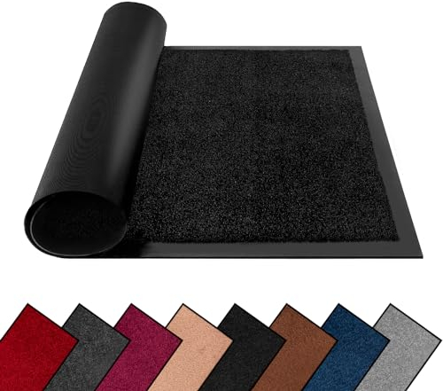 FB FunkyBuys Washable Dirt Trapper Door Mats Indoor & Outdoor, Heavy Duty Non Slip Doormats, Rubber Backed Floor Mat, Super Absorbent Front Door Mat, Entrance Rug (Black-Plain, 40cm x 60cm)