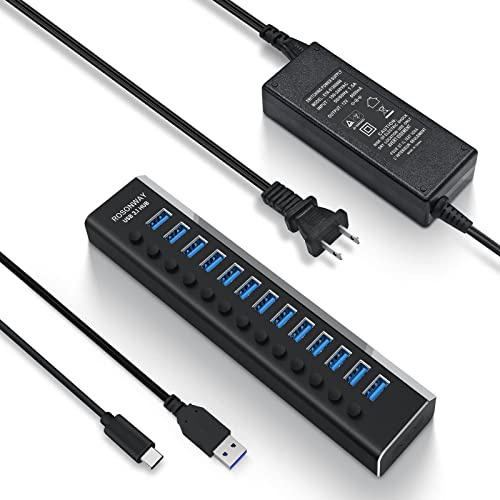 Rosonway Hub USB 3.2 de 13 puertos de 10 Gbps con adaptador de corriente de 72 W (12 V/6 A) e interruptores individuales, cables tipo A y tipo C, expansor de puerto USB de aluminio para PC y portátil