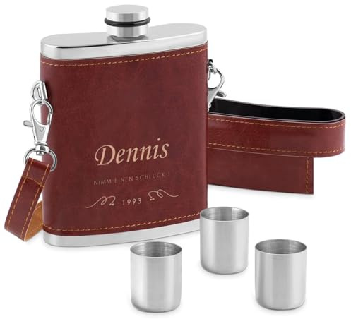 Maverton Flachmann mit Gravur - personalisiert - 250 ml - aus Edelstahl - 3x10 ml Pinnchen - Lederetui mit Riemen - Geburtstagsgeschenk und mehr - Farbe: Silber/Braun - Schluck