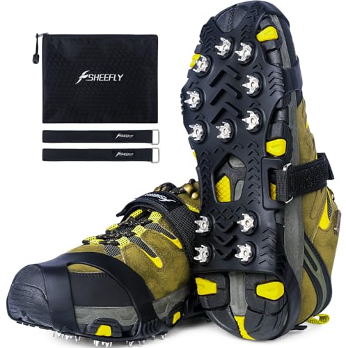 SHEEFLY Ice Grips for Shoes and Boots,Upgraded Non Slip Gripper Spikes Ice Traction Cleat,Ice & Snow Grips Crampons with 12 Steel Studs for Women Men Perfect for Ice Fishing Hiking Walking Climbing