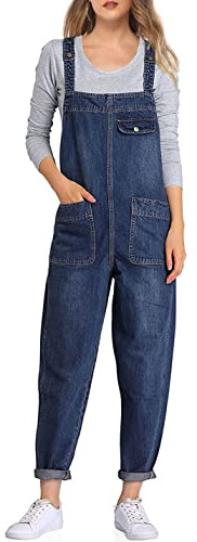 Sukany Women's Casual Baggy Denim Jean Overalls Loose Bib Dungarees Harem Romper Jumpsuit Pants Dark Blue XL