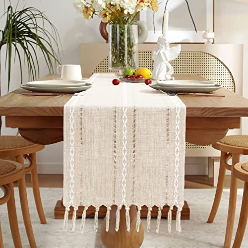 Yicorgard Bauernhaus Tischläufer Rustikaler Stil 33x275 cm, geflochtene gestreifte Leinen Fall Tischläufer mit Quasten für Esszimmer Küche Lesen Kommode Dekor,Beige