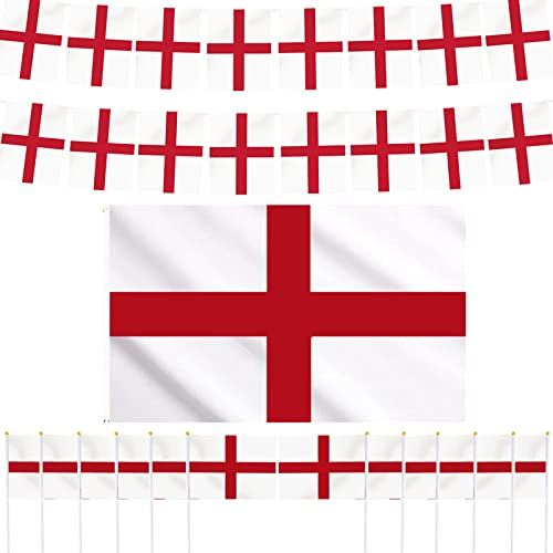 AhfuLife England St Georges Flags Bunting Set for St. George's Day Decorations, 10m England Bunting, 12pcs Handheld Small Flags and 1pcs 5ft x 3ft Flag for Rugby Euro Football World Cup Party Decor