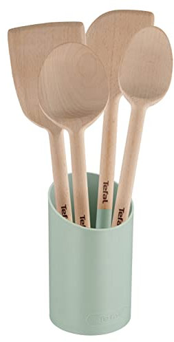 Tefal Lot de 5 ustensiles de cuisine Natura : cuillère 28 cm, cuillère 29 cm, spatule lame 28 cm, spatule angulaire 29 cm et support, ustensiles de cuisine en bois certifié FSC, K270S5