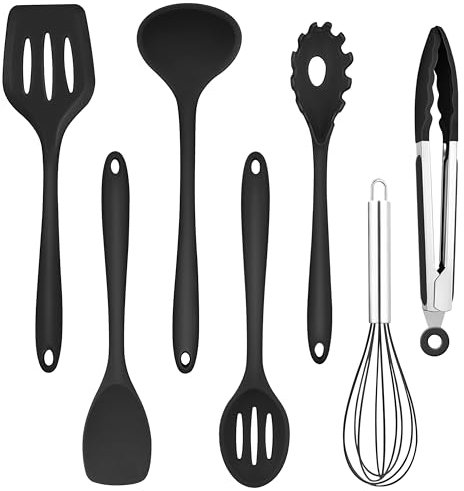 Homikit Küchenhelfer Set, 7 Stück Schwarz Silikon Küchenutensilien Kochbesteck Set, Antihaft Hitzebeständiger Kochutensilien mit Pfannenwender zum Kochen, Backen, Gesund/Spülmaschinenfest