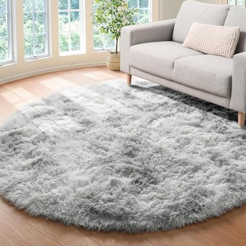 Tenekee Alfombras Redonda Salón Pelo Largo Alfombra Habitación Antideslizante Muy Suave para salón o Dormitorio Alfombra Esponjosa (Ø 160cm, Blanco Gris)