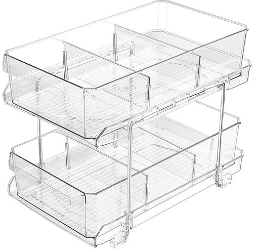 Belle Vous 2-Tier Bathroom Storage Organiser with Pull-Out Drawers - Multi-Purpose Shelf Organiser for Under Sink, Kitchen Cupboard, Medicine Cabinet, Pantry or Countertop - Sliding Baskets & Dividers