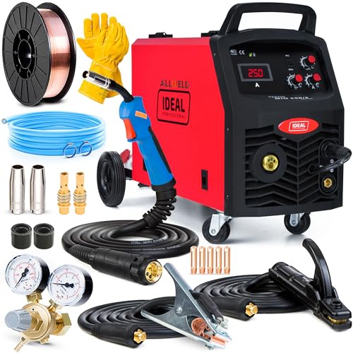 Ideal Tecno MIG 250/2 - 230V/400V Soldador inverter con gas multifuncional y robusto de 250 A con chasis - Flux, MMA y soldadura con estaño - Bobina de alambre 15 kg - Set Basic