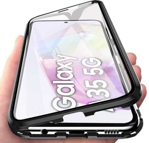 Orgsty för Samsung Galaxy A35 5G (6,6 tum) fodral, magnetiskt skyddshölje, framsida och baksida i härdat glas transparent skal i metall stötfångare 360 grader skal, svart