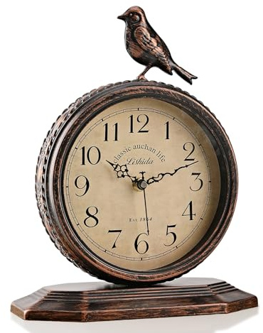 Auafanzy 8-Inch Antique Mantel Clocks For Living Room, Retro Table Metal Silent Clocks For Fireplace, Easy To Read Decorative Mantel Clocks With Top Bird For Bedroom, Office, Desktop(Standard Numbers)