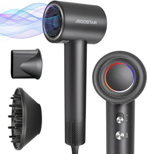 Aigostar 110,000 RPM High Speed Professional Ionic Hair Dryer, 200M Ions | Ultra-Fast Drying BLDC Motor, NTC Smart Heat Protection, Ambient Backlight, Magnetic Nozzle & Filter, Nora