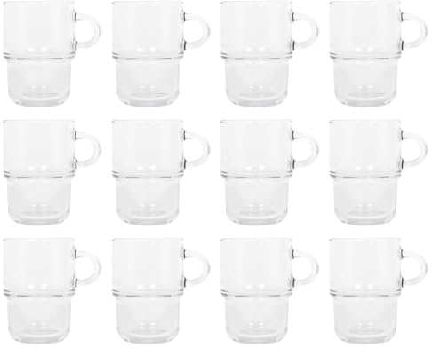LAV Lot de 12 Tasses à café empilables en Verre Transparent de 350 ML – Thé au Lait Chocolat Chaud Cappuccino Expresso Tasses à Boire avec poignée