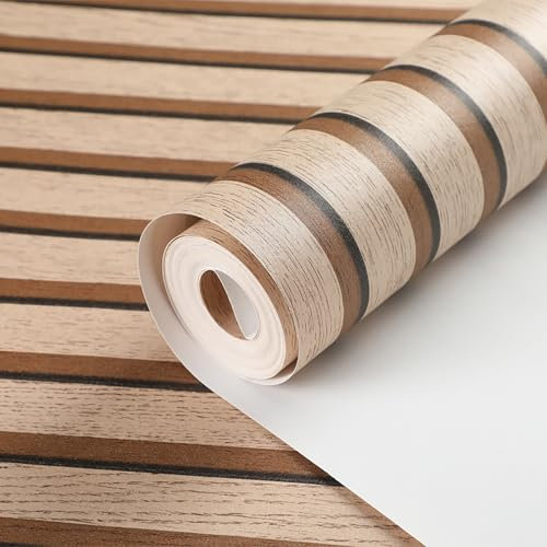 Cathpetic Wood Effect Wallpaper 9.5×0.53m, Non-Woven Fabric Roll for Living Room, Bedroom, Kitchen, Front Room - Modern Slats Wall Panelling