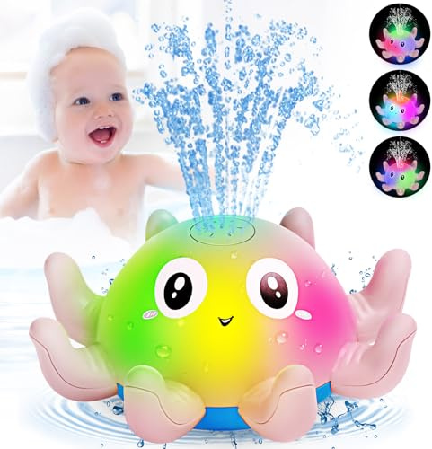 Jovicos Baby Bath Toys, Octopus Sensory Light Up Bath Toys, Automatic Induction Spray Water Toys, Bath Time Shower Gifts for Baby Girls Boys（Pink）