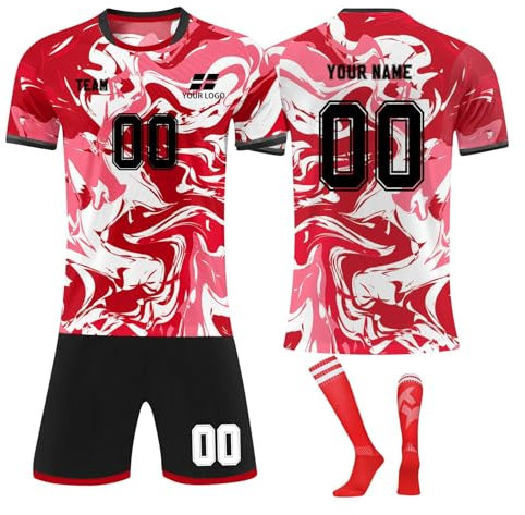 Benutzerdefiniert Fussball Trikot mit Name Nummer Team Logo Fußballtrikots T-Shirt und Shorts Personalisiertes Football Trikot Kinders Erwachsene Personalisierte Fußballtrikot Shorts und Socken Set