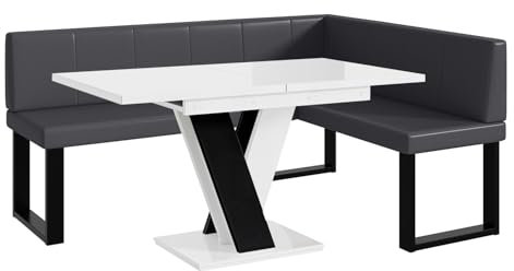 MEBLINI Eckbank für Esszimmer mit ausziehbarem Tisch - Küchenbank - Essecke - Sitzecke Küche - Peter - U-Beine 128x168x87cm Rechts - Grau Kunstleder/M Weiß-Schwarz Hochgl.