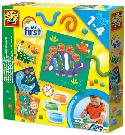 SES Creative 14409 Mon Premier Pâte à Modeler avec Cartes d'Activités - Roule, Pétris et Façonne la Pâte pour Recréer des Dinos - Inclut des Cartes Réutilisables
