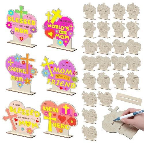 CroBlissful 24 Sets Mother's Day Crafts Bulk DIY Coloring Mother's Day Table Wood Signs Religious Blessed Mom Gifts Home Party Dinner Table Decoration