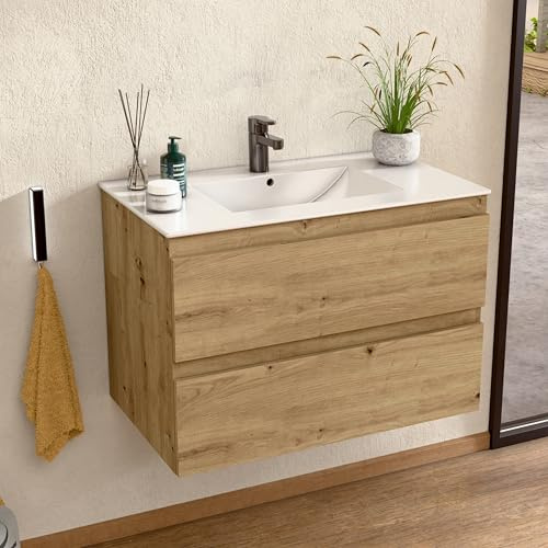 BELLOBATH Mueble Baño Suspendido 80 cm Roble, Encimera