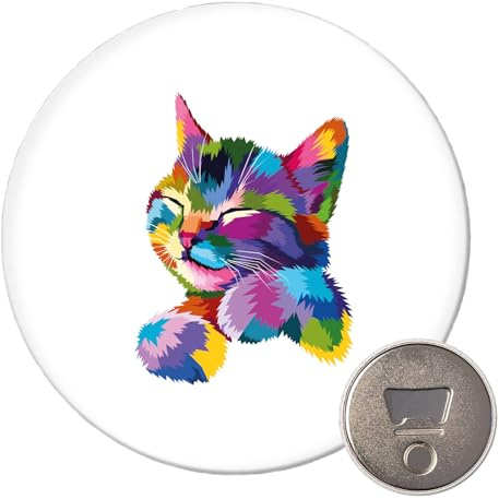 Huuraa Magnet Katze Colorful Geschenk | 59mm Kühlschrankmagnet rund Flaschenöffner Geschenkidee dekorativer Magnet für Magnettafel, Kühlschrank oder Whiteboard