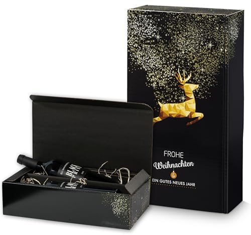 5x Flaschen Geschenkkarton Weihnachten, Goldhirsch - für 2 Flaschen - Wein Verpackung in Schwarz/Gold