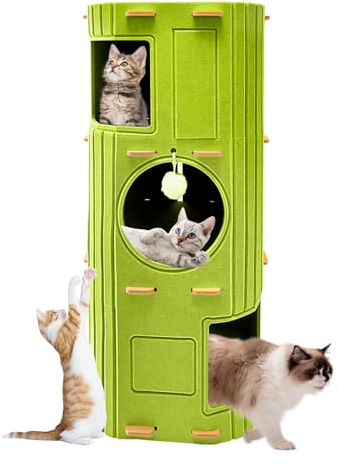 Homegroove 3-Storey große Katze Haus für Indoor Katzen, gemütliches Felz Katze Höhle Bett mit Tunnel Hideaway, Multi-Cat Condo für Ruhe & Spiel (Grün, Groß)