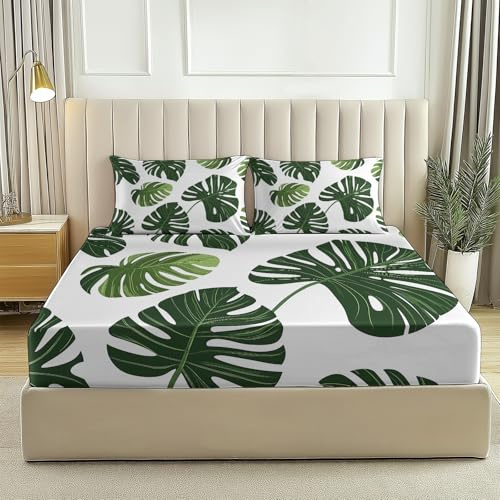 Bedding Fitted Sheet Single, Abstract Monstera Leaf - (30 cm) Deep Pocket 90x190 cm - Easy Care - Soft Brushed Microfibre Fabric - Shrinkage and Fade Resistant - White