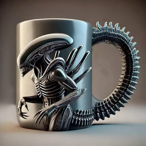 DUOAZJL Tasses à café Xénomorphes Fantaisie, Tasse à café Alien personnalisée imprimée en 3D, Tasse en Acier Inoxydable de 425 ML, Cadeaux sympas pour Les Petits Amis(Black)