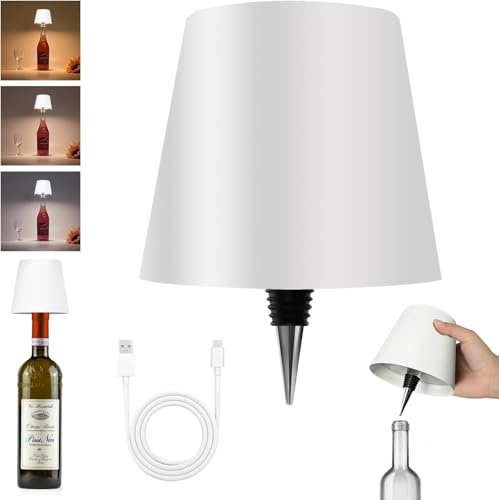 Wireless Bottle Lamp,Metal Wine Bottle Light with 3 Color Light Dimming, Waterproof Bottle Touch Lamp Head for Room, Bar, Restaurants, Party, Decor & Gifts (Black) (White)
