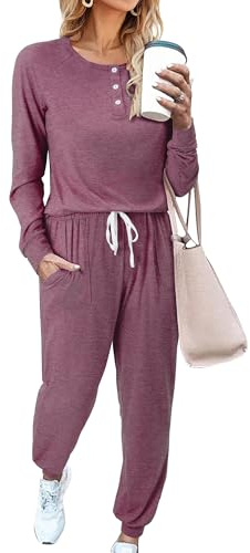 Magritta Co Ord Sets for Women Two Piece Outfits Long Sleeve Tracksuit Lounge Wear Sets V Neck Loose Bottoms Sweatshirts and Baggy Fall Winters Joggers with Pockets Wine Red Large, 16-18