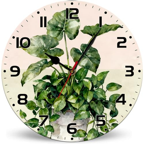 Horienteeon Reloj de pared redondo de madera con plantas de hiedra verde, 30 cm, reloj de pared silencioso sin tictac, movimiento de cuarzo, funciona con pilas, relojes de pared decorativos para