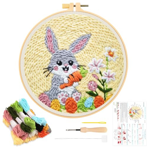 JSRQT Punch Needle Set, Ostern Punch Needle Set Anfänger, Hase Ostereier Embroidery Kit, DIY Stickerei, Stanznadel Stickerei Starter Kits für Anfänger Erwachsene Debutant, Broderie Basteln Geschenk