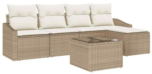 Mhdvray Gartenlounge Beige Creme 6-TLG Poly-Rattan Sofa Set mit Tisch wetterfest modular Stauraum 440 kg Belastbarkeit für Balkon Terrasse Garten