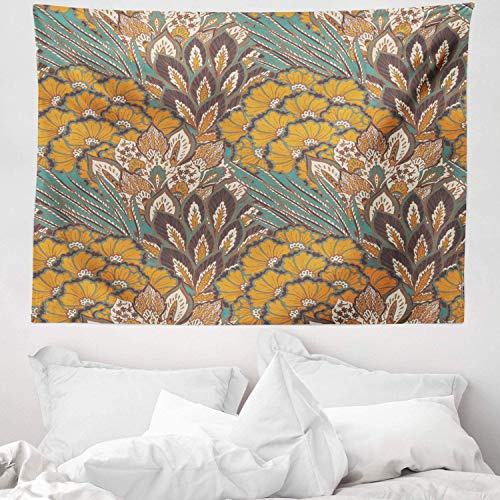ABAKUHAUS Blumen Wandteppich, Blumen und Peacock aus Weiches Mikrofaser Stoff Waschbar ohne Verblassen Digitaldruck, 150 x 110 cm, Petrolblau Blasser Kaffee